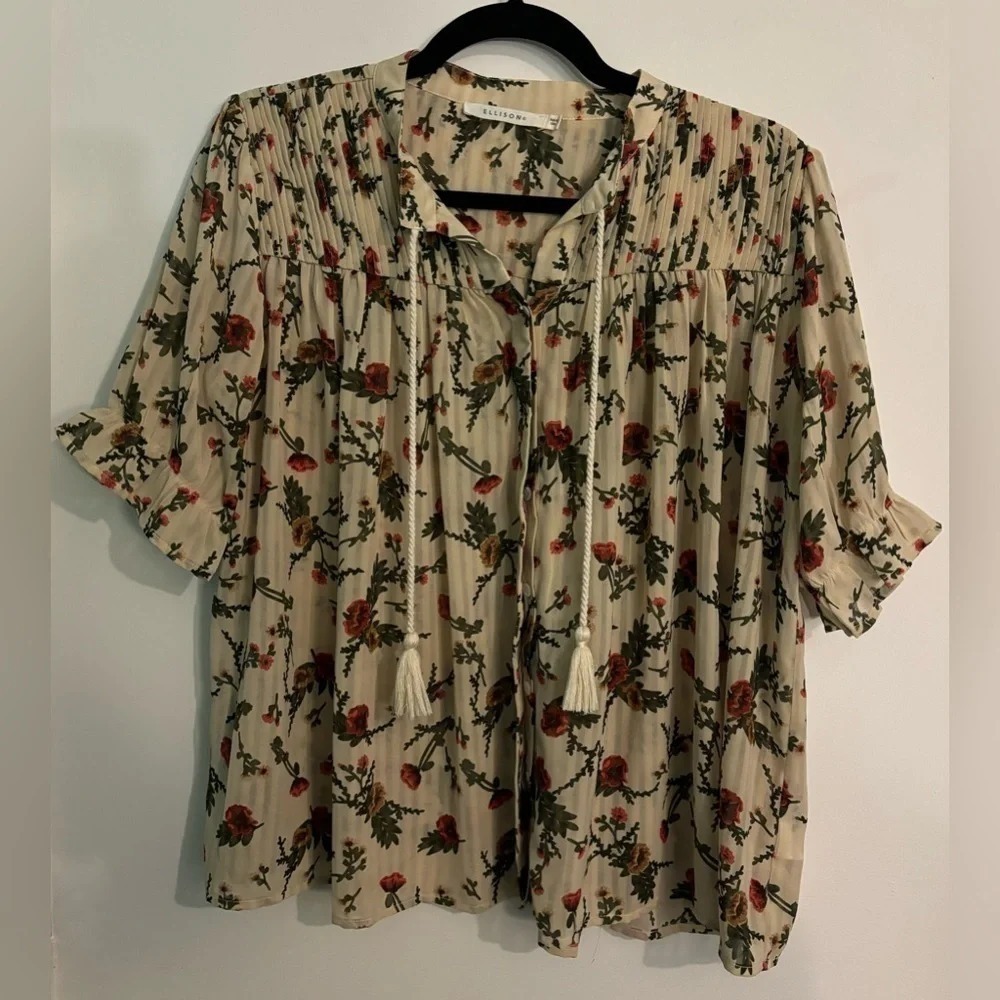 Ellison Womens Med Floral Blouse Tassels Hidden Buttons Semi-Sheer Short Sleeve